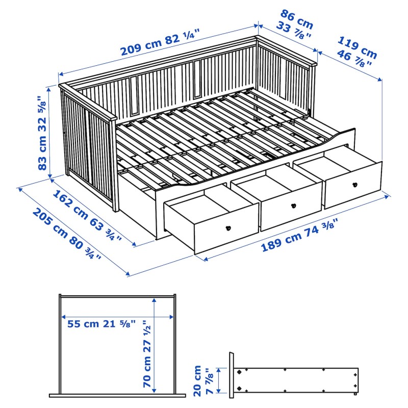 Кушетка HEMNES з 3 ящиками, 2 матраци, сіра/Åfjäll hard, 80x200 см