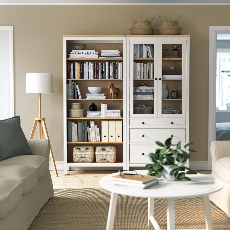 HEMNES Комбінація полиць з дверцятами/шухлядами, білий/світло-коричнева морилка, 180x197 см