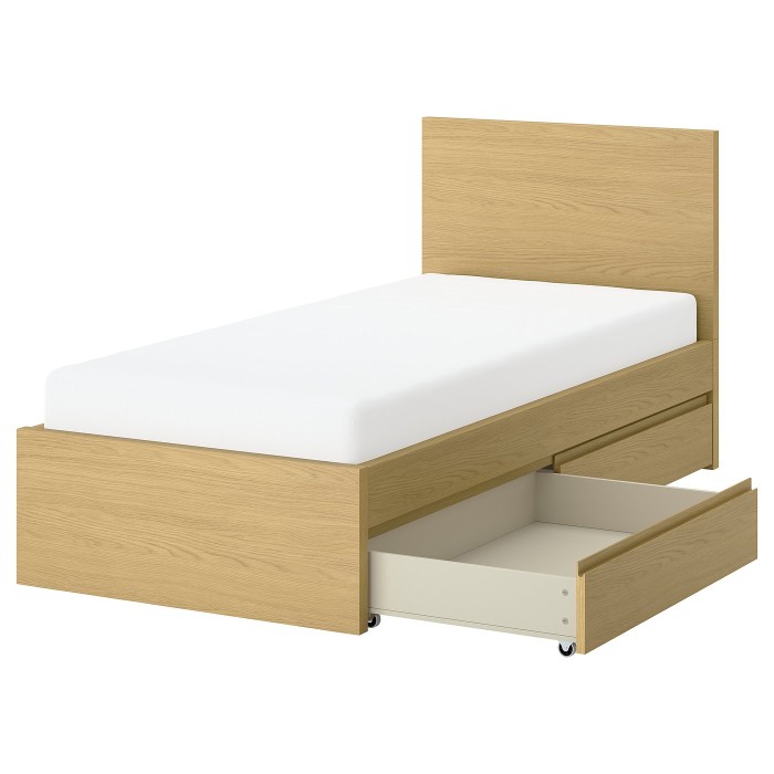Кровать STORKLINTA с двумя отделениями для хранения, отделка под дуб/Leirsund, 90x200 см.