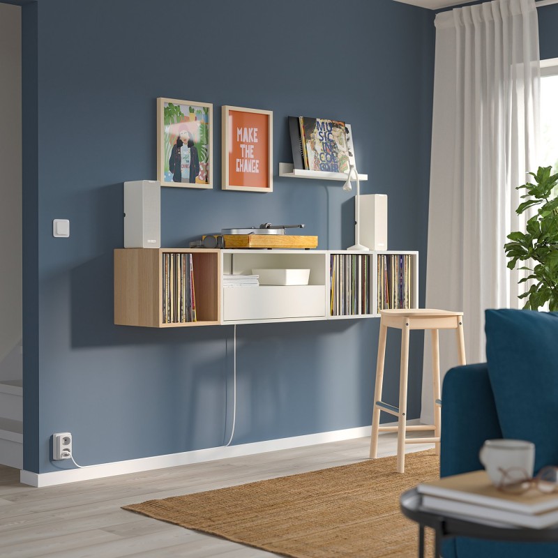 Тумба под телевизор EKET, hi-fi, белый/белый тонированный дуб, 175x35x35 см