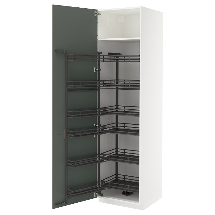 Высокий шкаф METOD с выдвижной полкой, белый/матовый серо-зеленый Nickebo, 60x60x220 см.