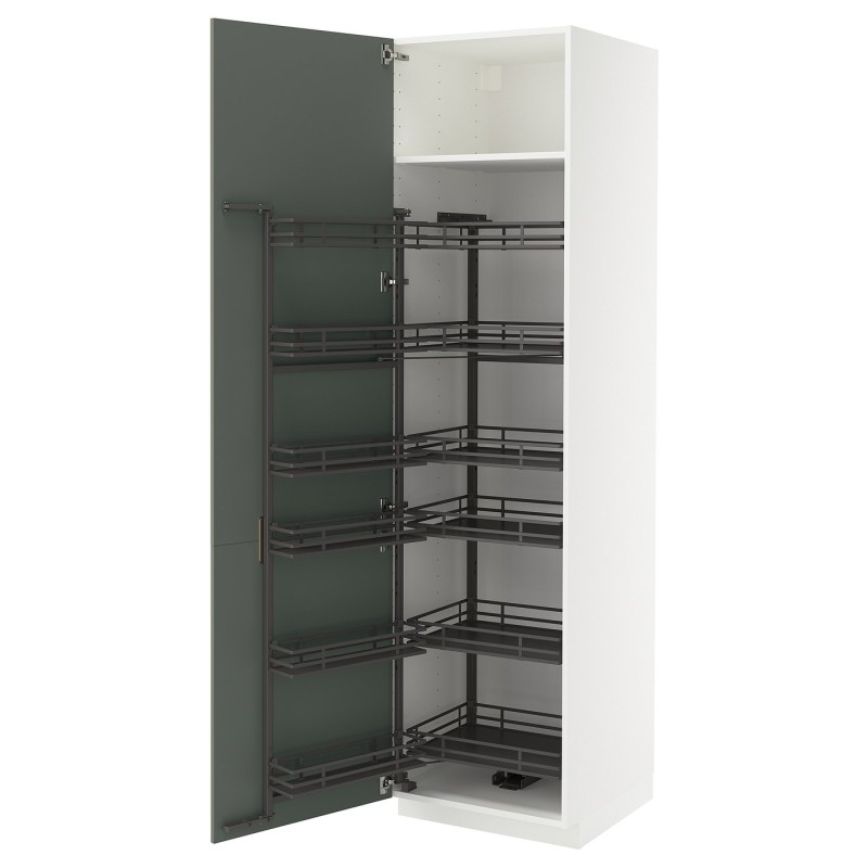 Высокий шкаф METOD с выдвижной полкой, белый/матовый серо-зеленый Nickebo, 60x60x220 см.