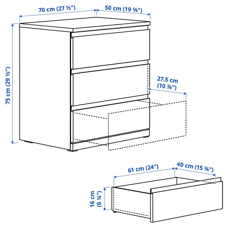 Комод STORKLINTA, 3 ящика, белый, 70x50x75 см