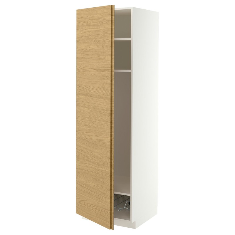 METOD Высокий шкаф, полки/проволочная корзина, белая/имитация дуба VOXTORP, вертикальная ручка, 60x60x200 см